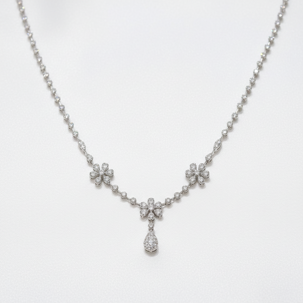 White Gold Floral Teardrop Diamond Necklace
