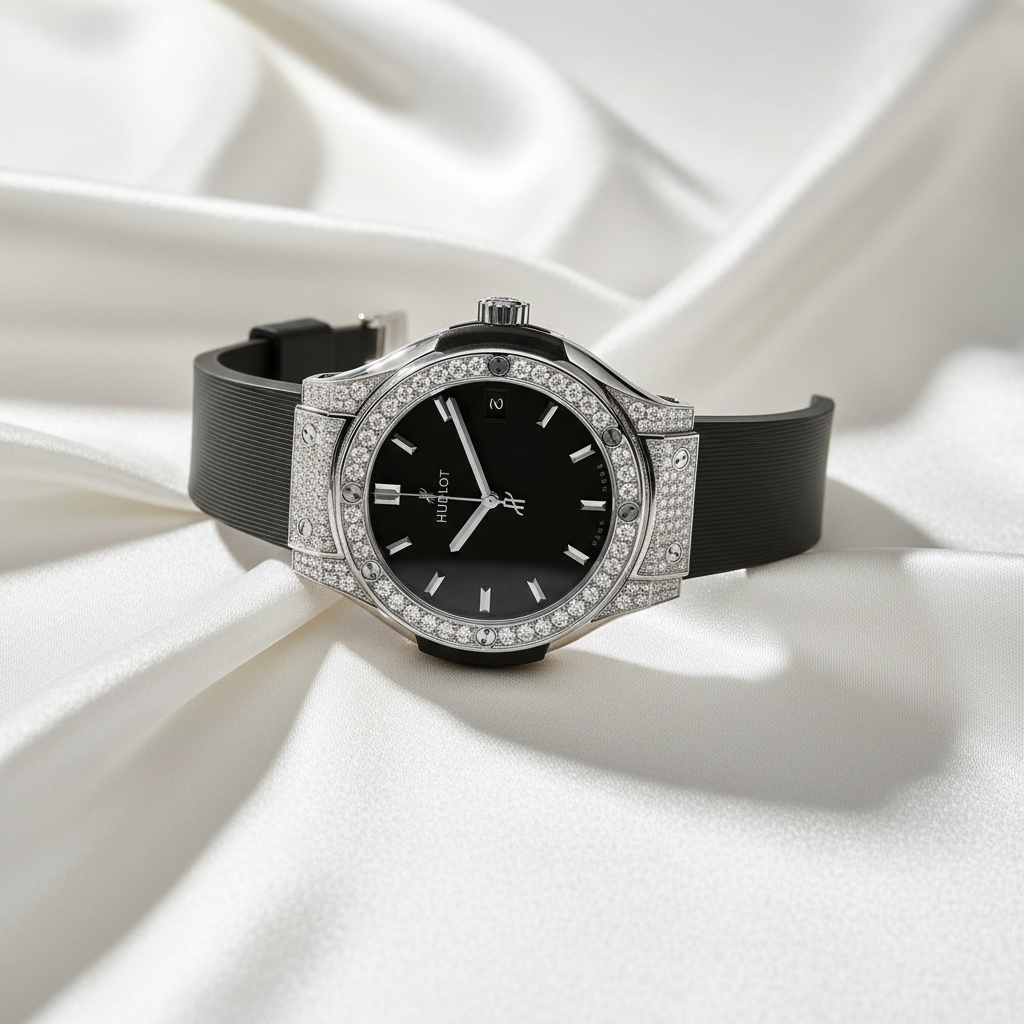 Hublot Classic Fusion Black Diamond Bezel Watch with Rubber Strap