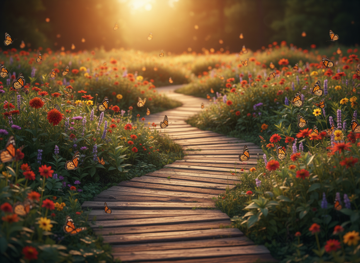 Wooden pathway through butterfly garden with golden light