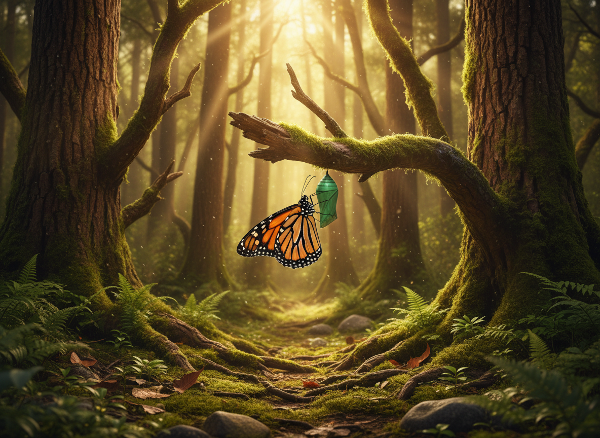 Enchanted forest with butterfly emerging from cocoon on wooden branch