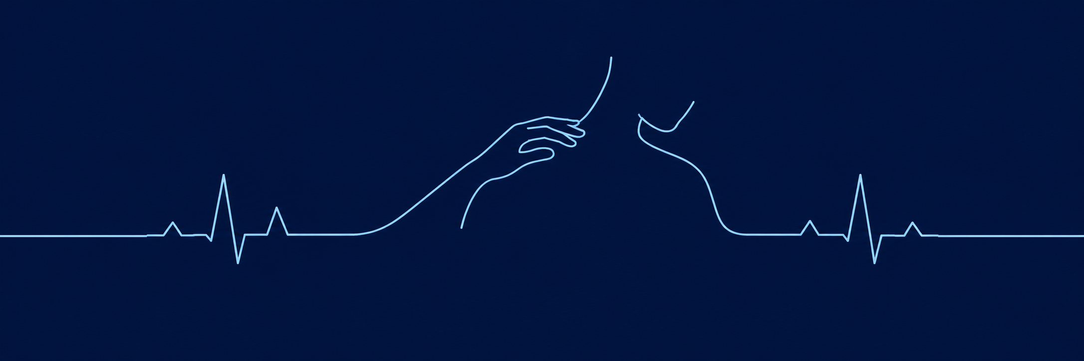 A heartbeat line flowing into two hands reaching toward each other, representing the human connection AI cannot replicate