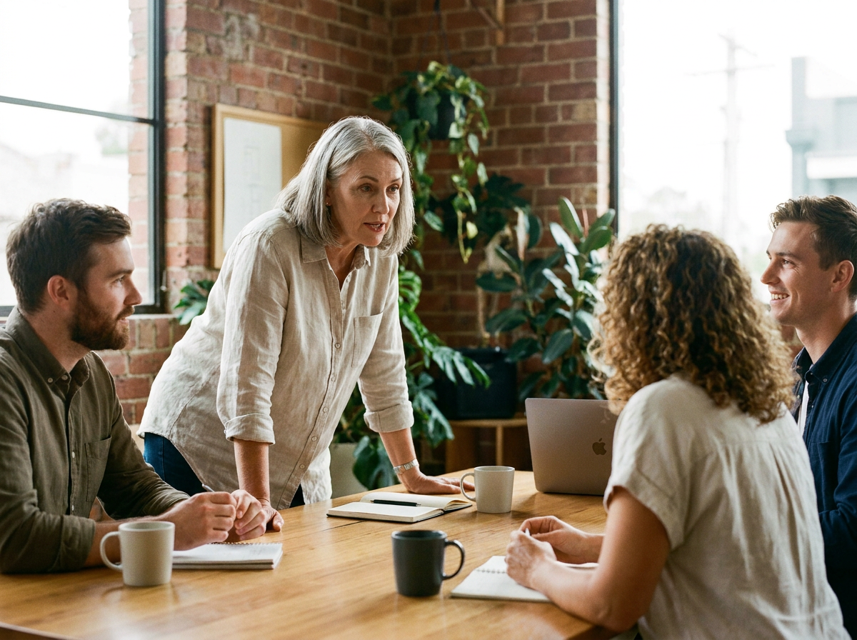Small Melbourne workplace team in a genuine discussion around a table