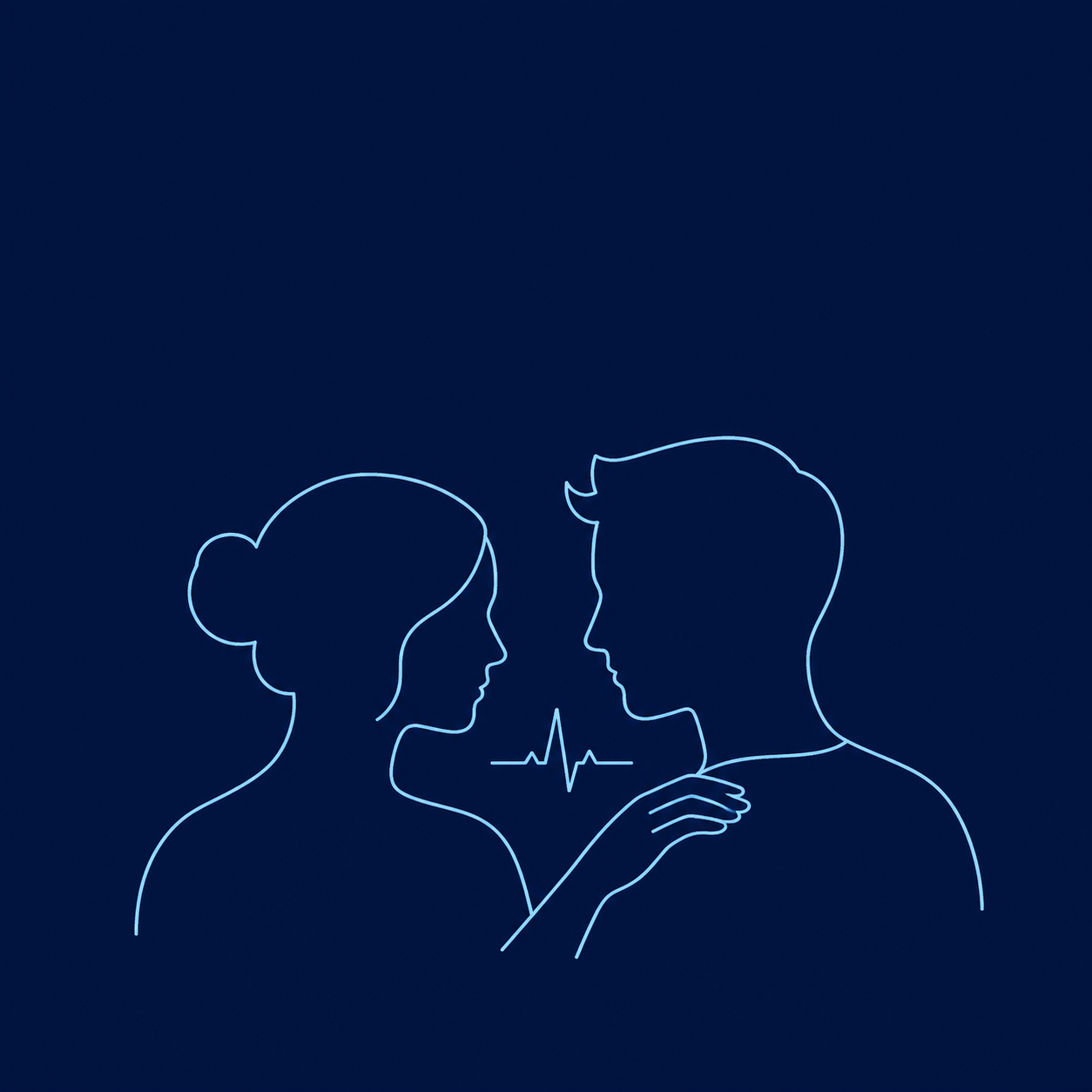 Two people facing each other closely, a heartbeat line between them, representing genuine human connection in leadership
