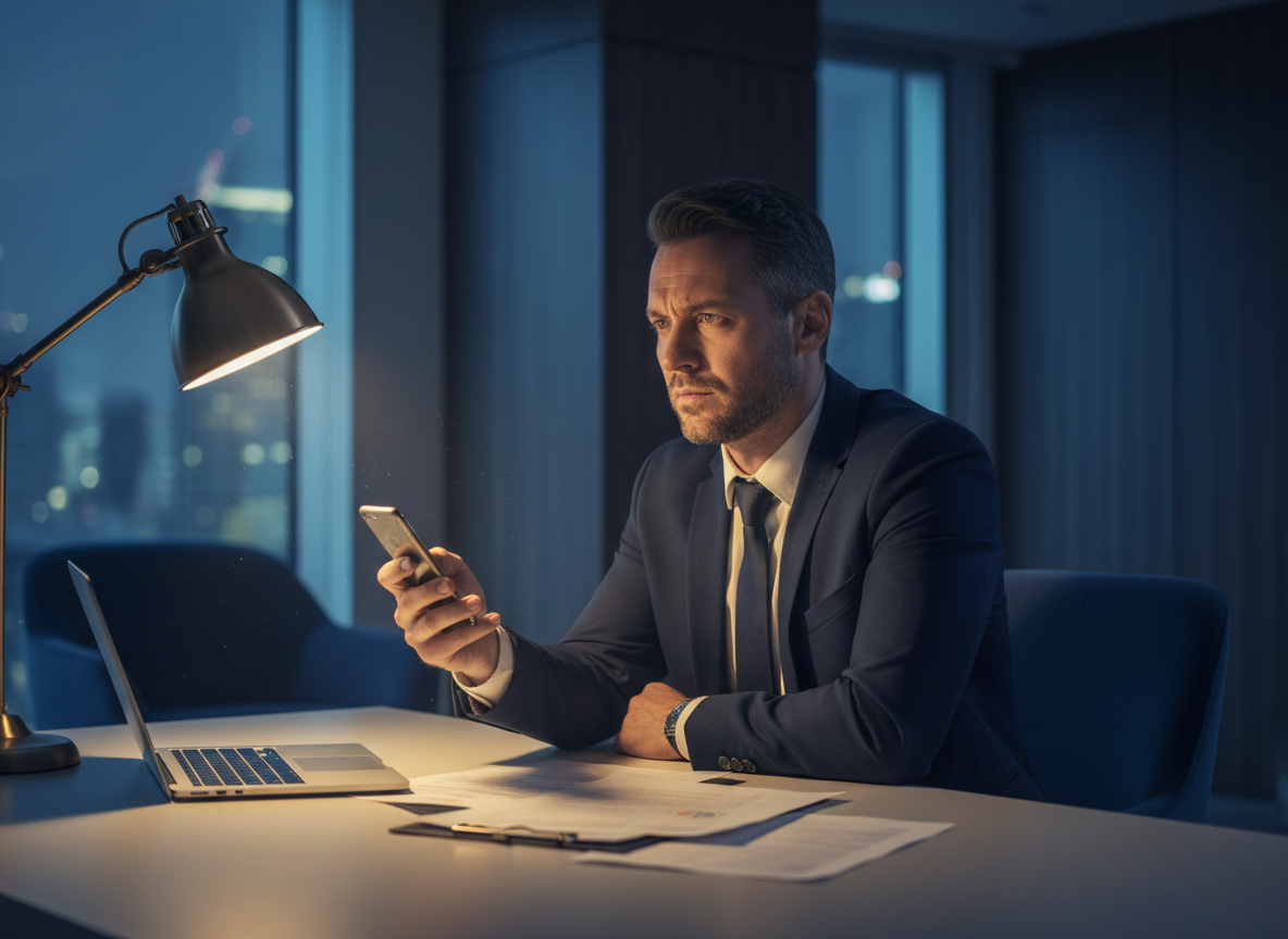 A professional sitting at a desk, phone in hand, looking uncertain — representing the moment before a difficult conversation
