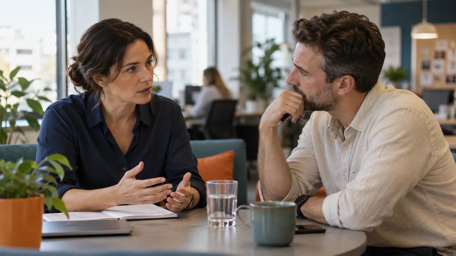 Two colleagues having a difficult conversation at work