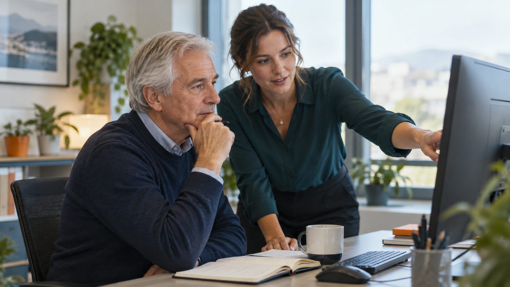 Experienced employee learning a new workplace system with support from a colleague