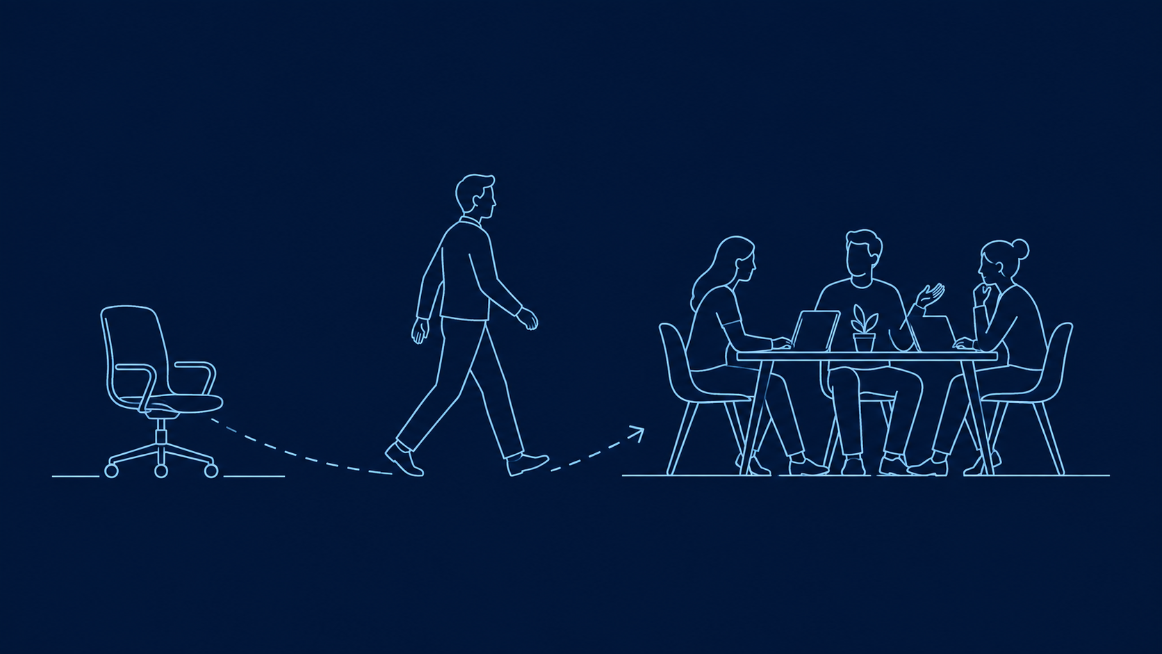 A person walking from a lone desk to join a team meeting — the value of presence