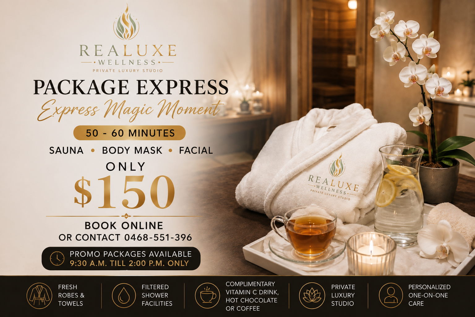 Package Express — Express Magic Moment. Sauna, Body Mask and Facial for only $150. Book online or call 0468-551-396. Promo packages available 9:30 AM till 2:00 PM only.