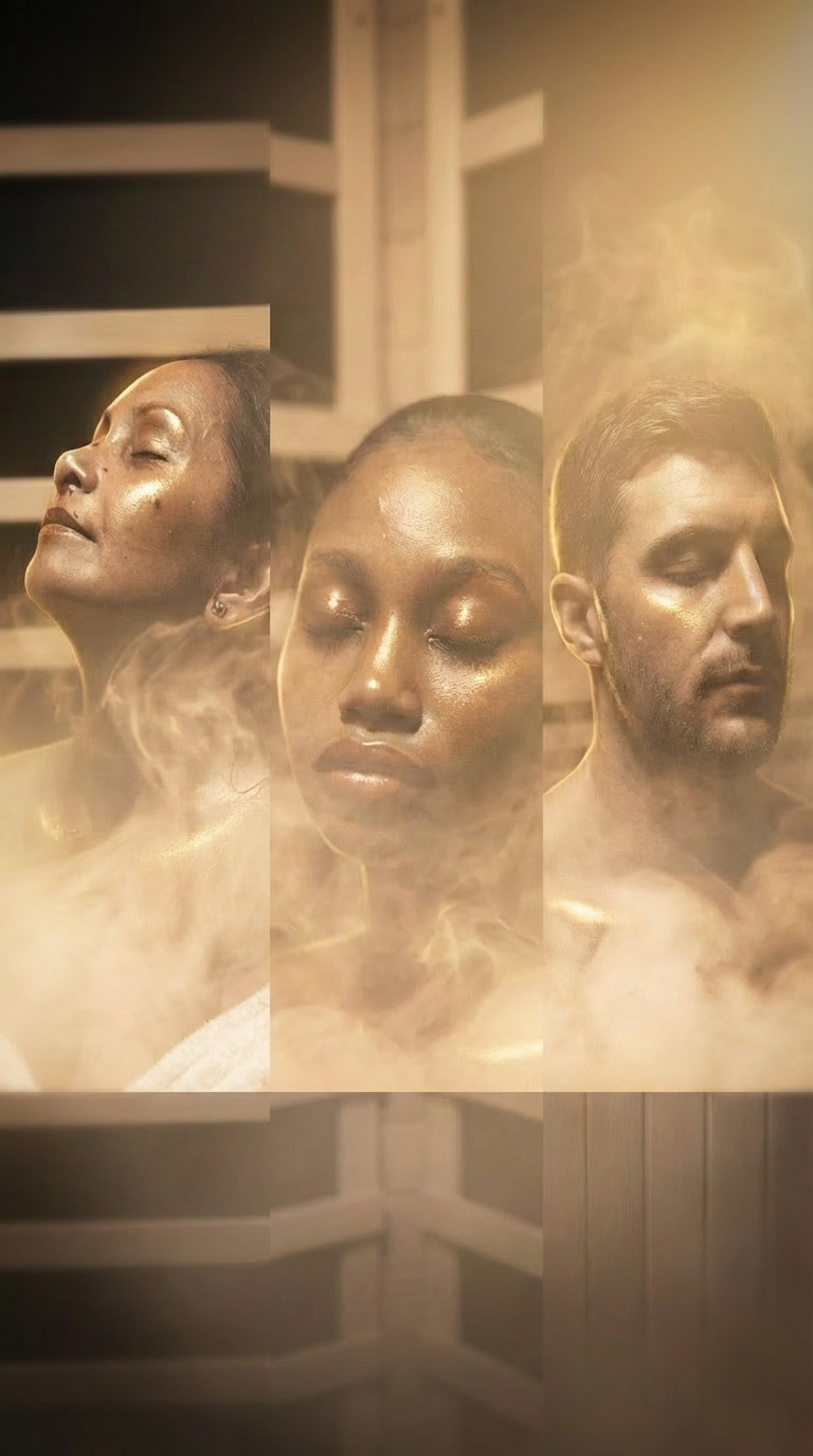 Three guests in serene calm during infrared sauna session