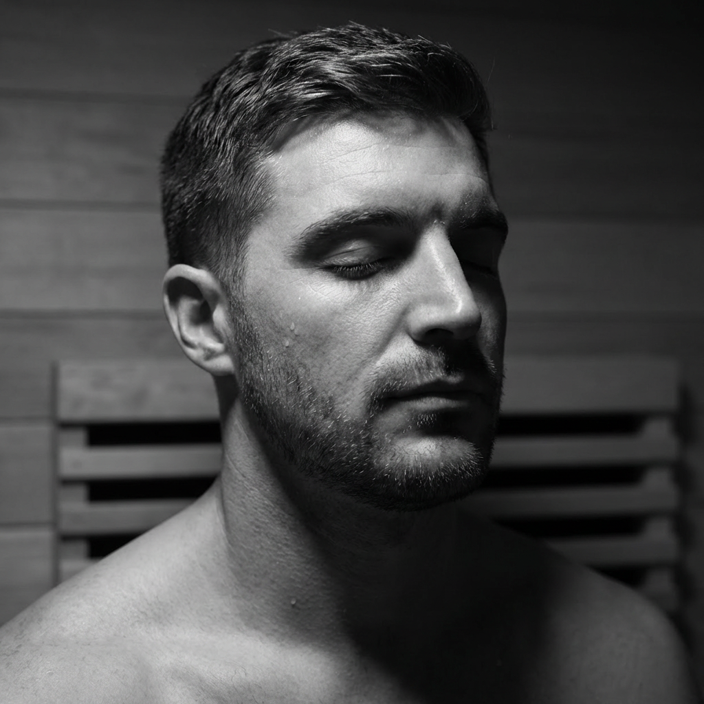 Man in deep relaxation during infrared sauna session