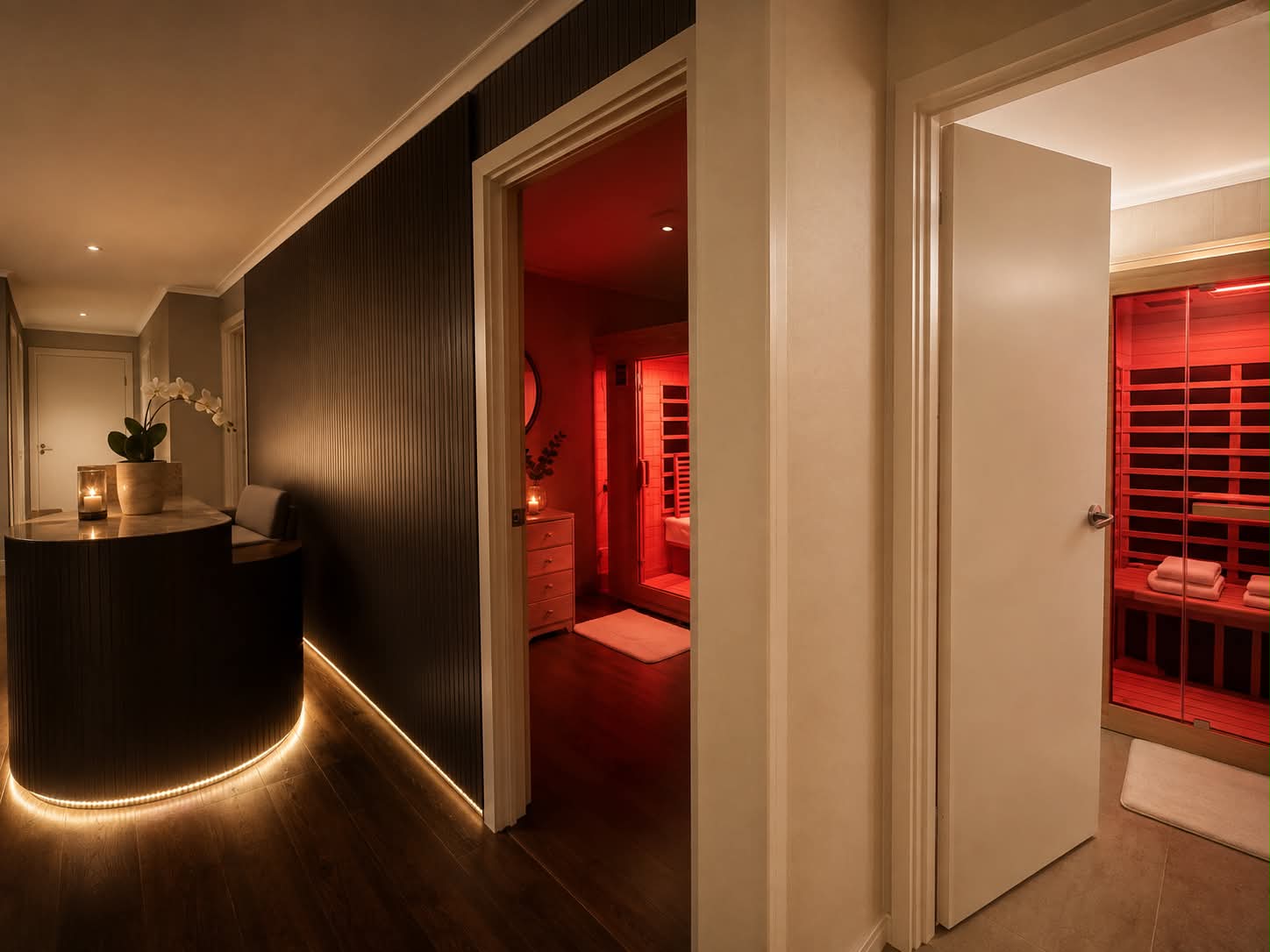 Realuxe Wellness studio corridor with reception desk and infrared sauna glowing red through the doorway