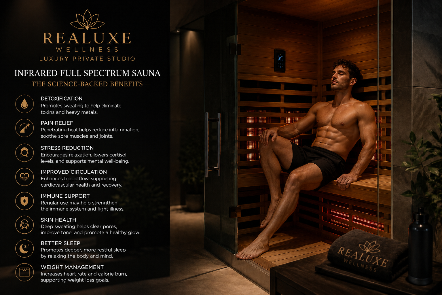 Infrared Full Spectrum Sauna — science-backed benefits at Realuxe Wellness