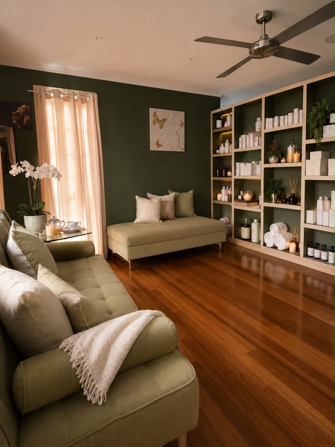 Realuxe Wellness lounge and retail area — a serene space before your body treatment