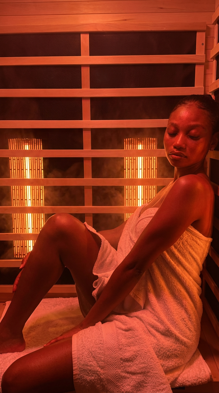 Woman wrapped in towel relaxing in infrared sauna with warm amber glow