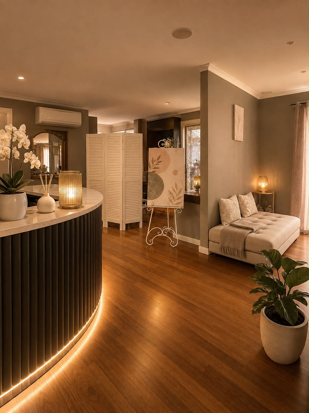Realuxe Wellness reception and lounge area with warm golden lighting