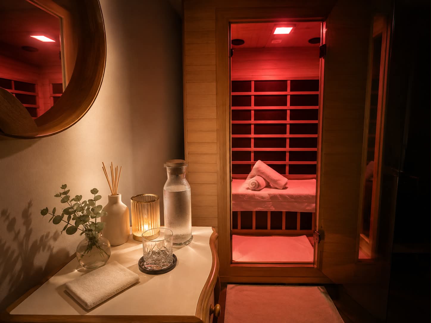 Realuxe Wellness infrared sauna room glowing with deep red light
