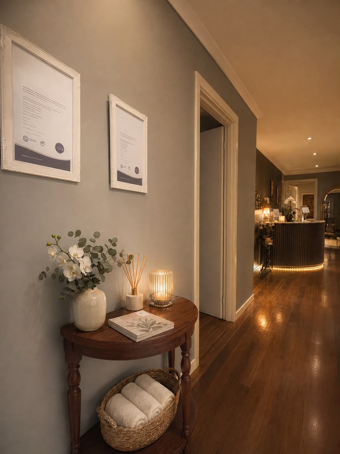 Realuxe Wellness studio hallway — the serene entrance to your body wrap experience