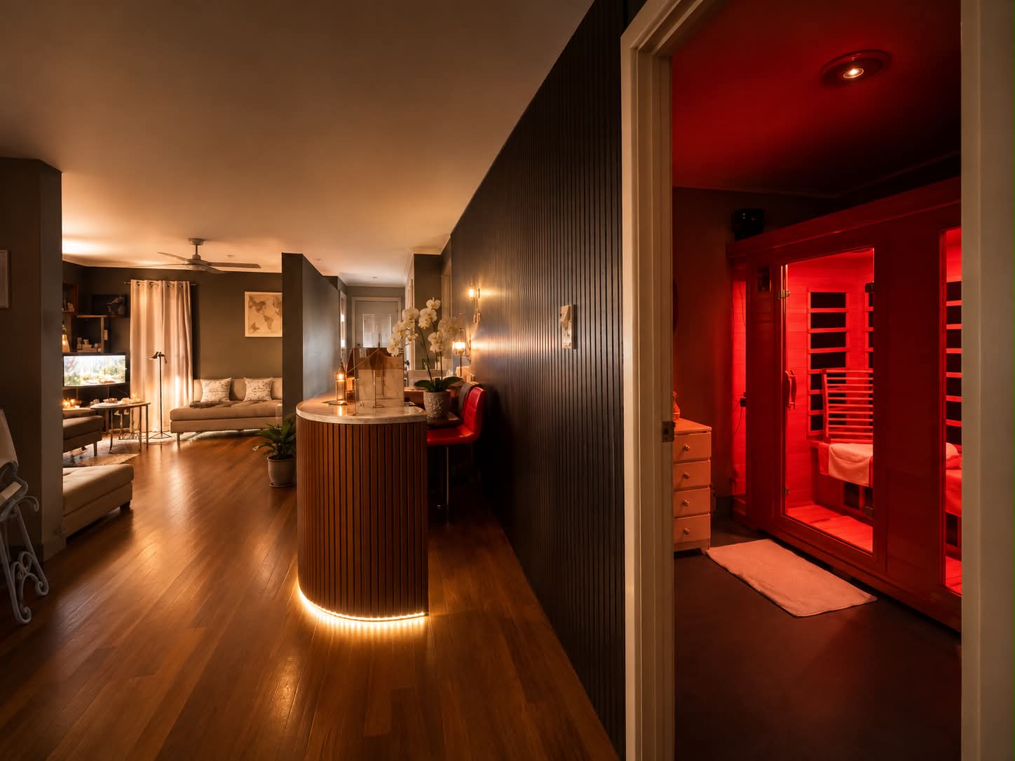 Realuxe Wellness studio — reception and infrared sauna in one view