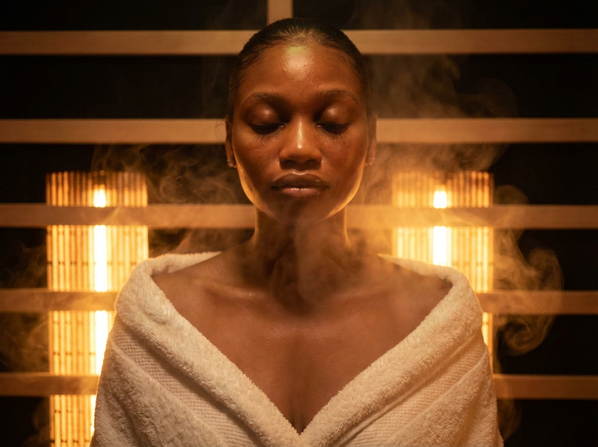 Serene close-up portrait with steam in infrared sauna at Realuxe Wellness