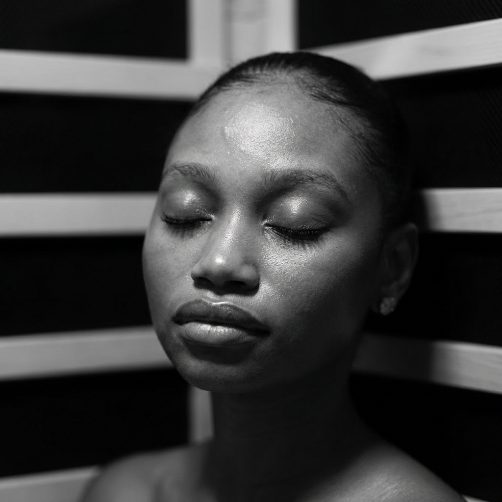 Woman with glowing skin experiencing deep calm in sauna