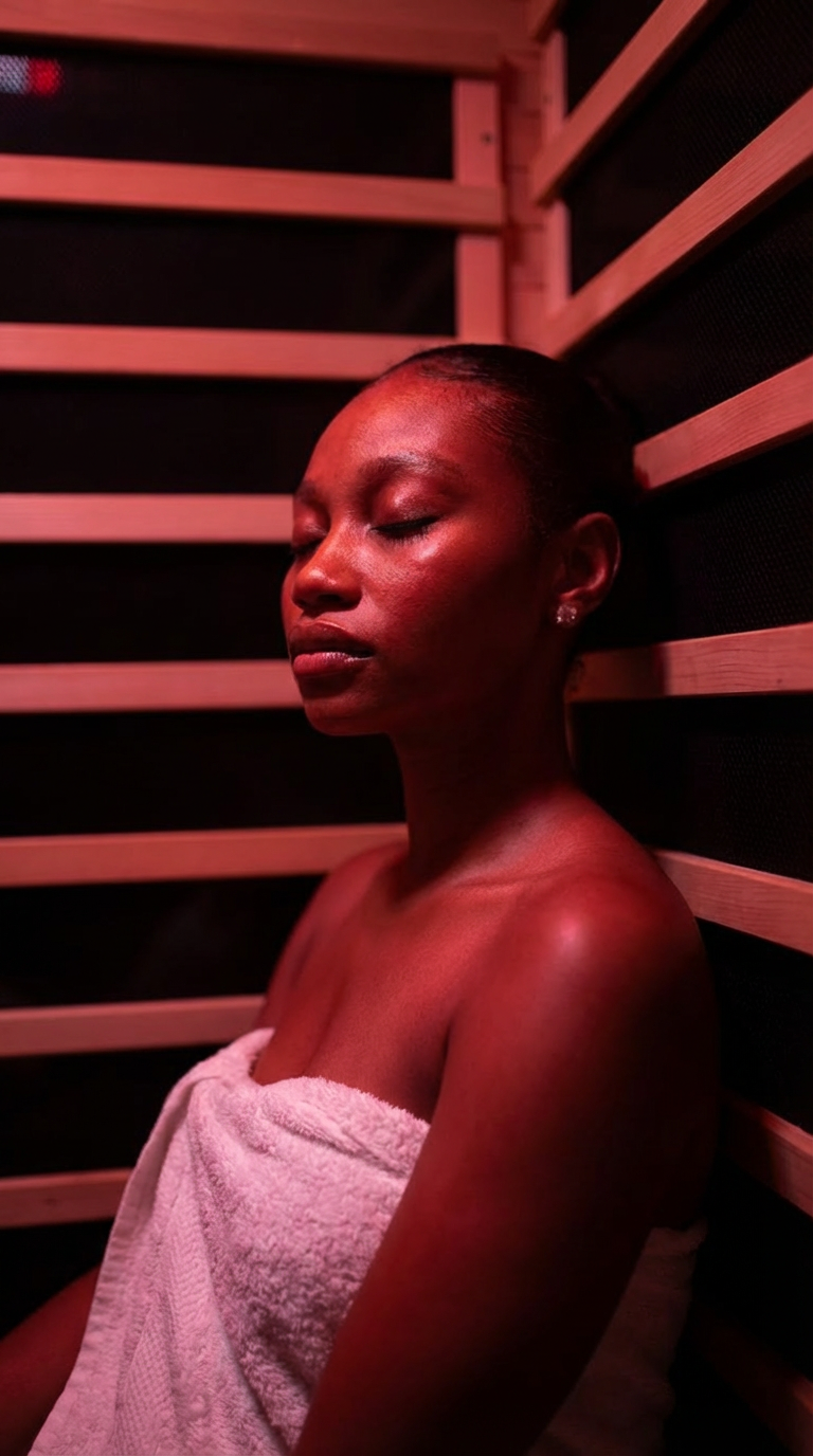 Close-up portrait in infrared sauna with warm red glow at Realuxe Wellness