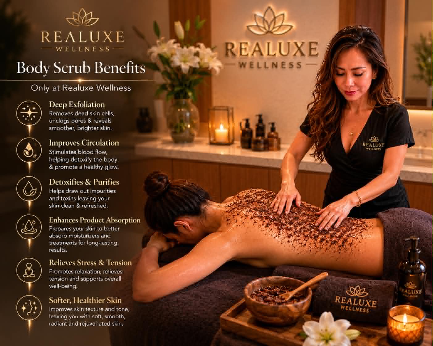 Body Scrub Benefits — Deep exfoliation, improved circulation, detoxification, enhanced product absorption, stress relief, and softer healthier skin — Only at Realuxe Wellness
