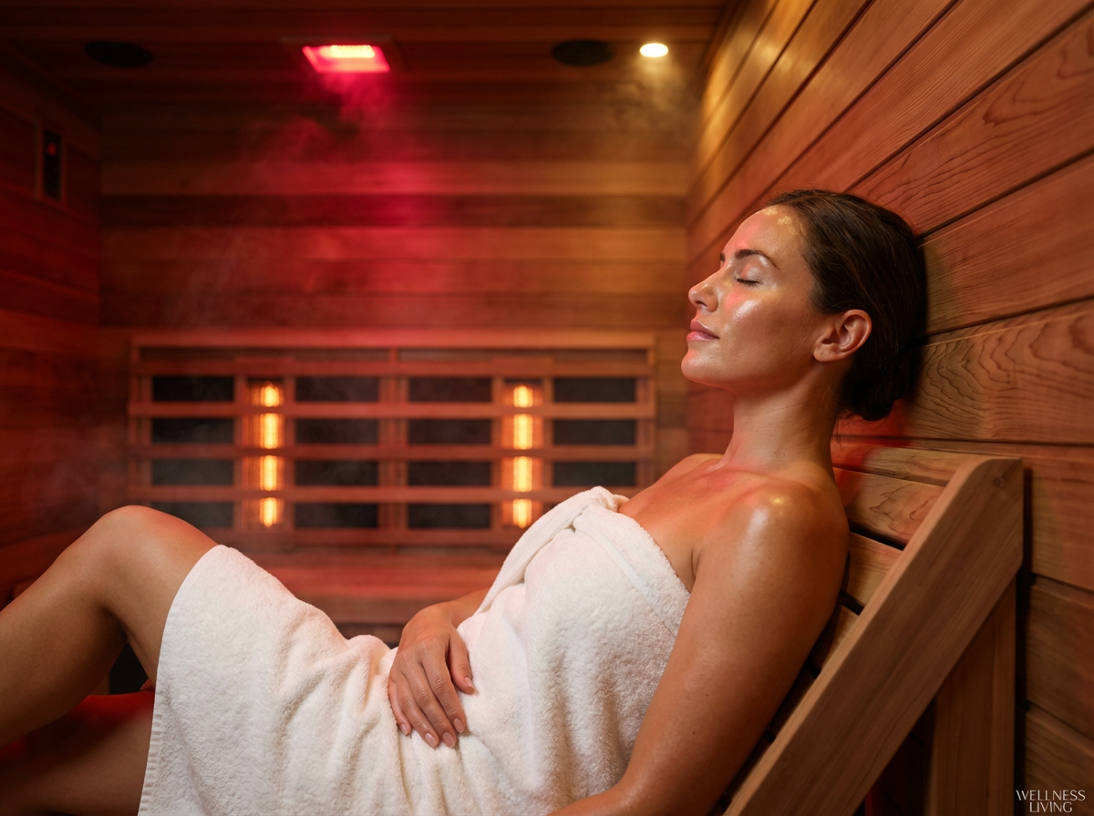 Woman in peaceful relaxation during infrared sauna session with steam