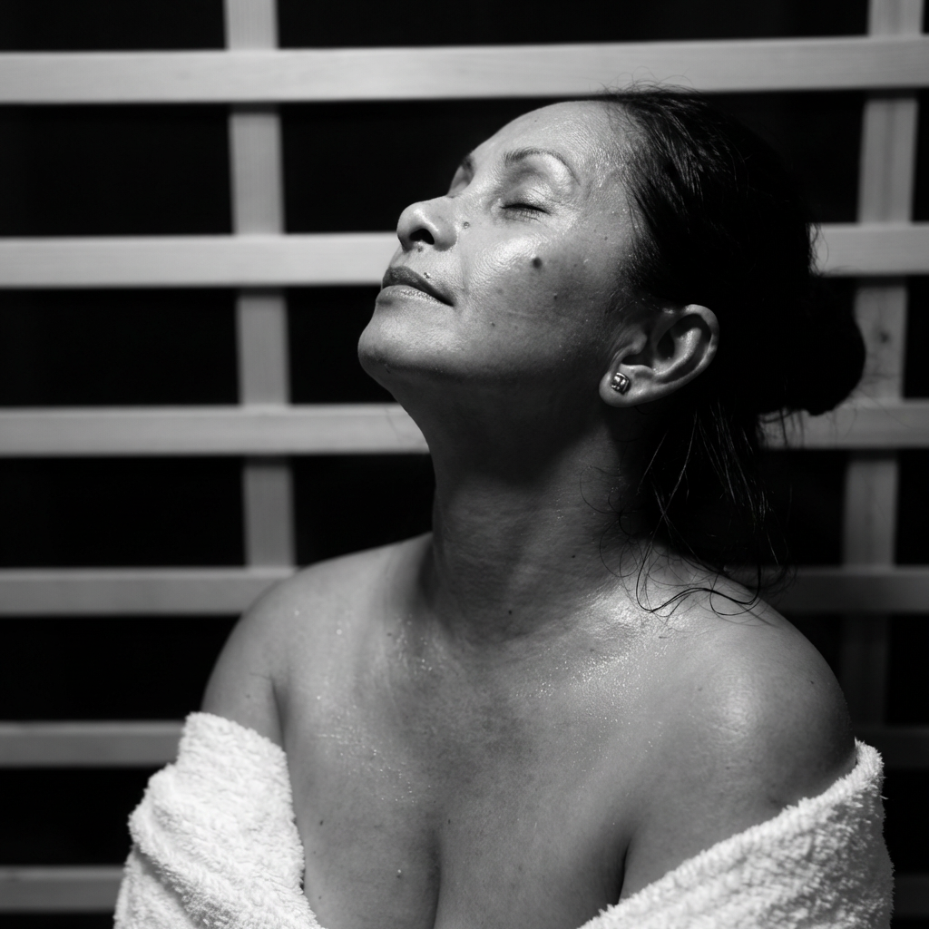 Woman in peaceful surrender during infrared sauna