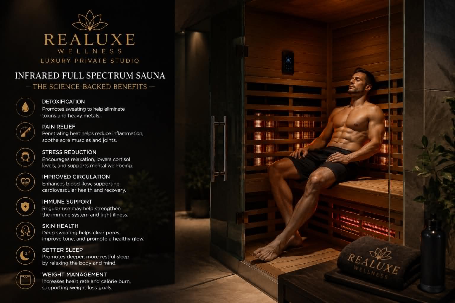 Infrared Full Spectrum Sauna — The Science-Backed Benefits including detoxification, pain relief, stress reduction, improved circulation, immune support, skin health, better sleep, and weight management — Realuxe Wellness