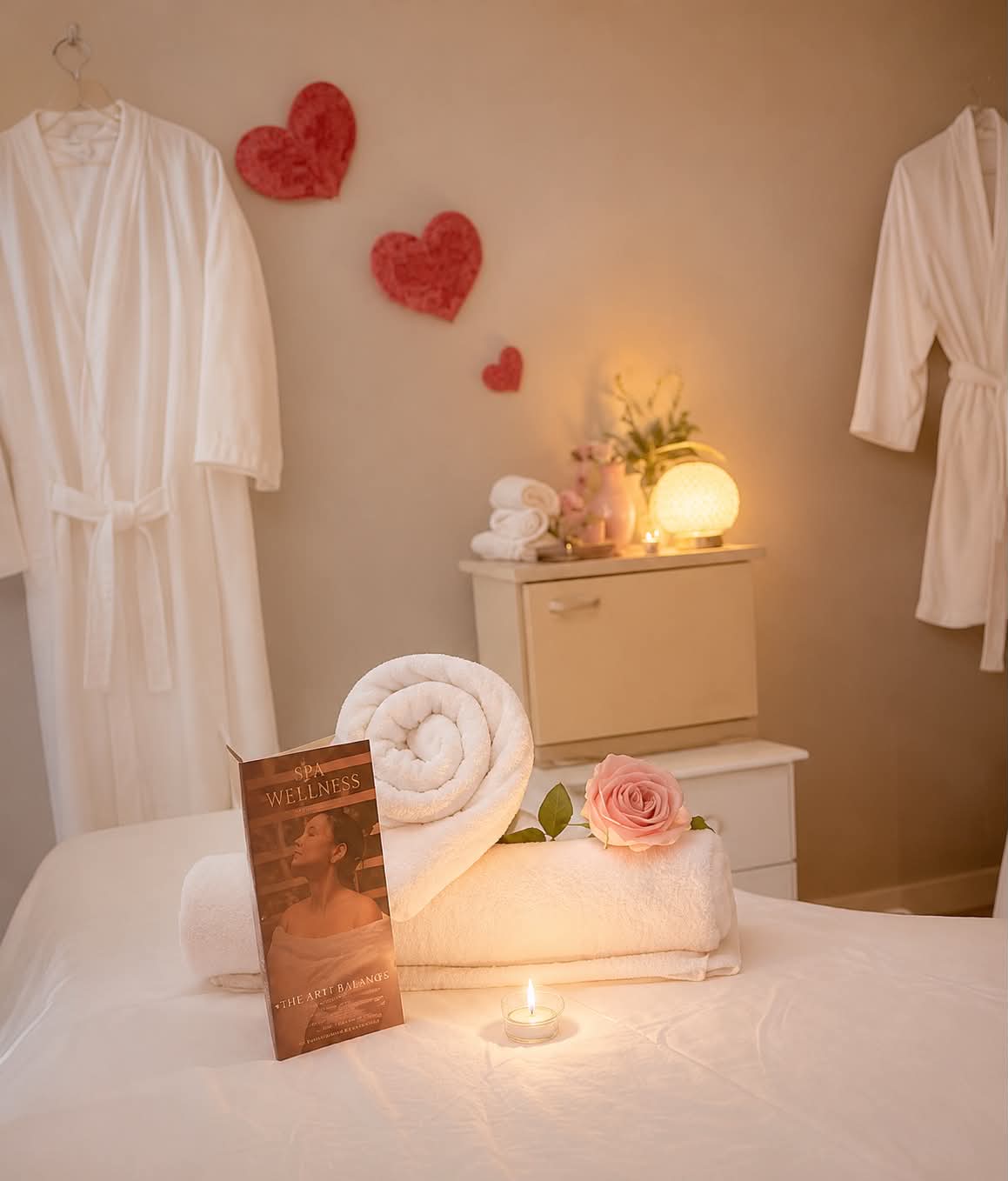 Realuxe Wellness treatment room beautifully set with white robes and fresh rose