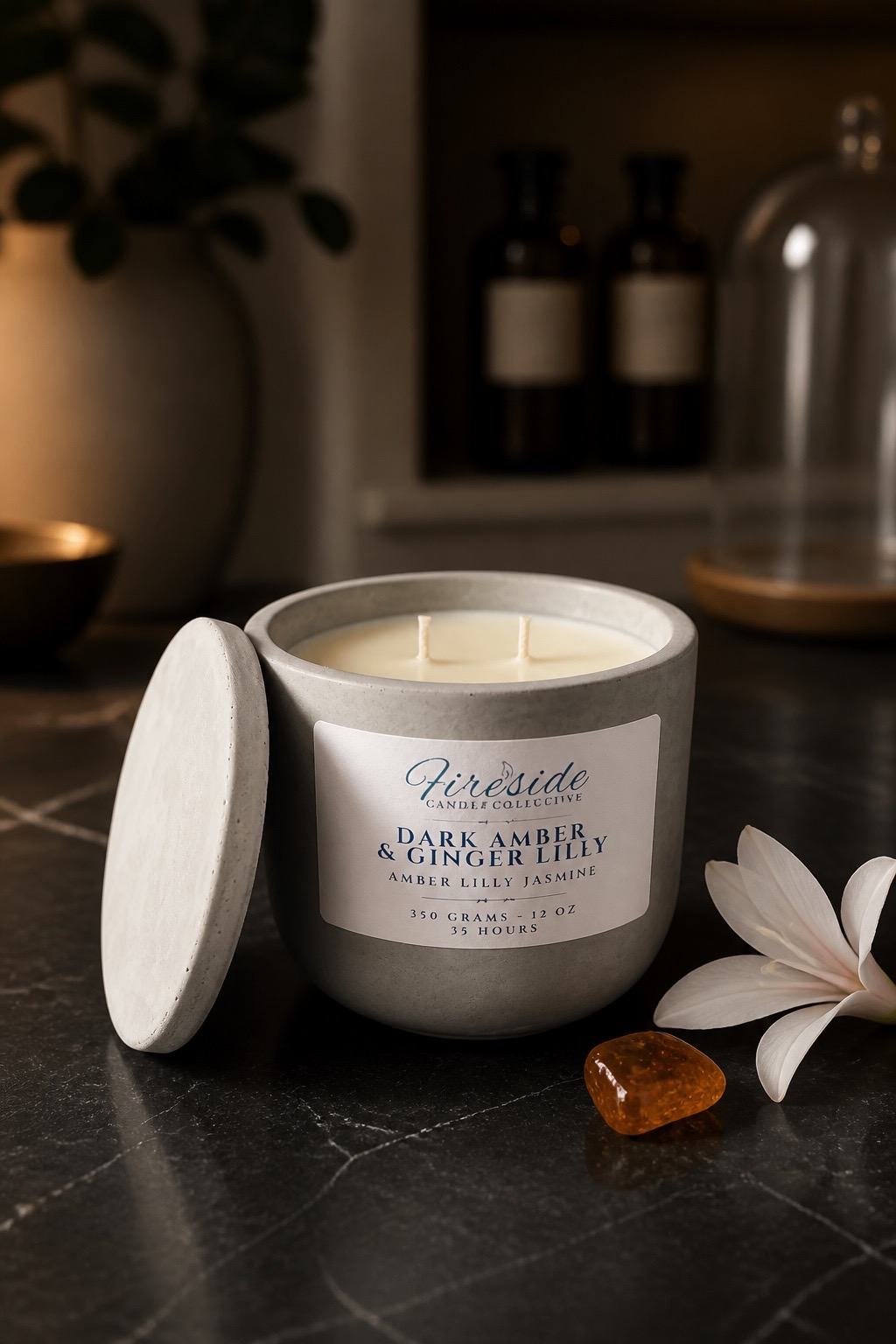 Fireside Dark Amber & Ginger Lily concrete candle