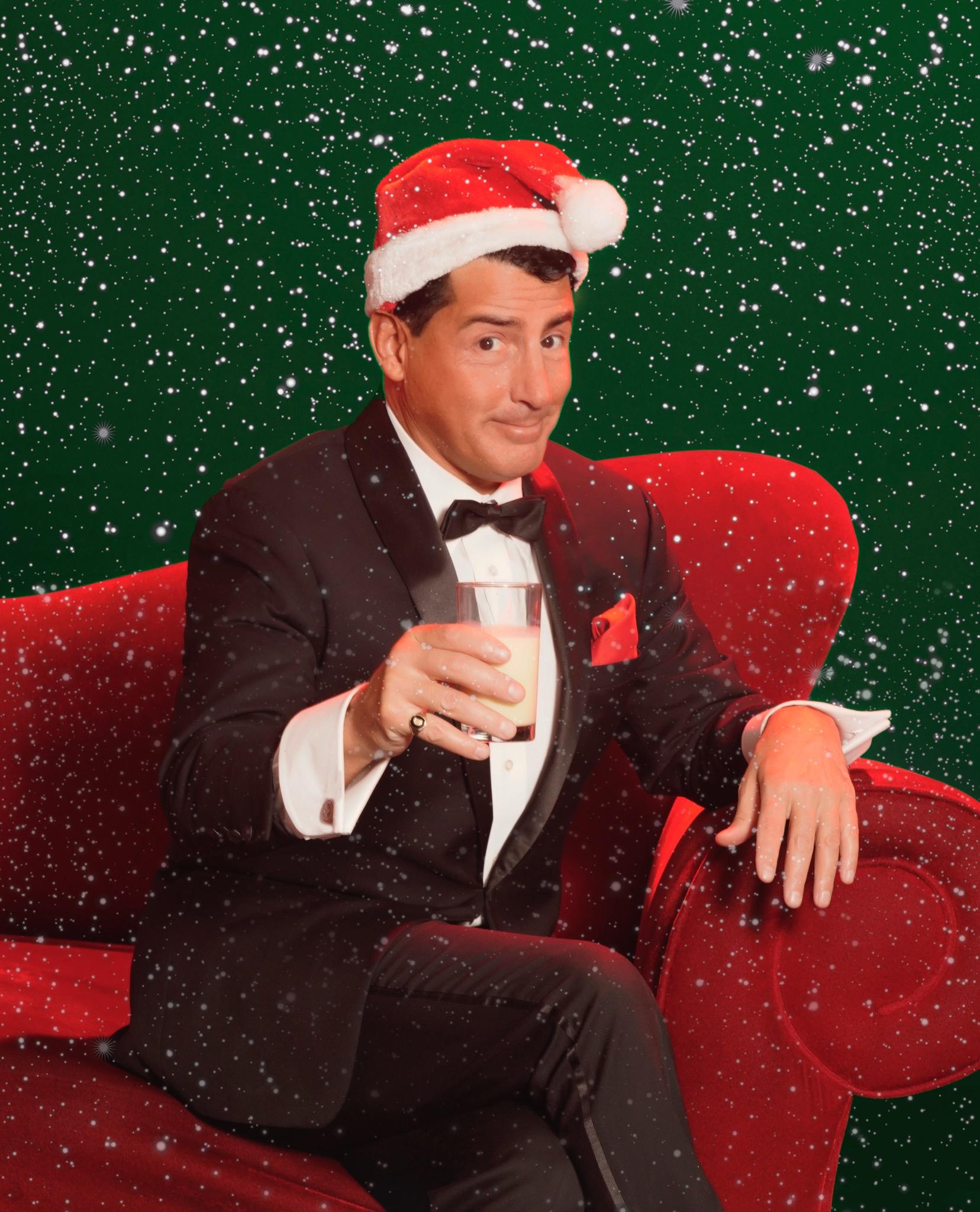 Drew Anthony as Dean Martin – Christmas portrait with Santa hat and eggnog