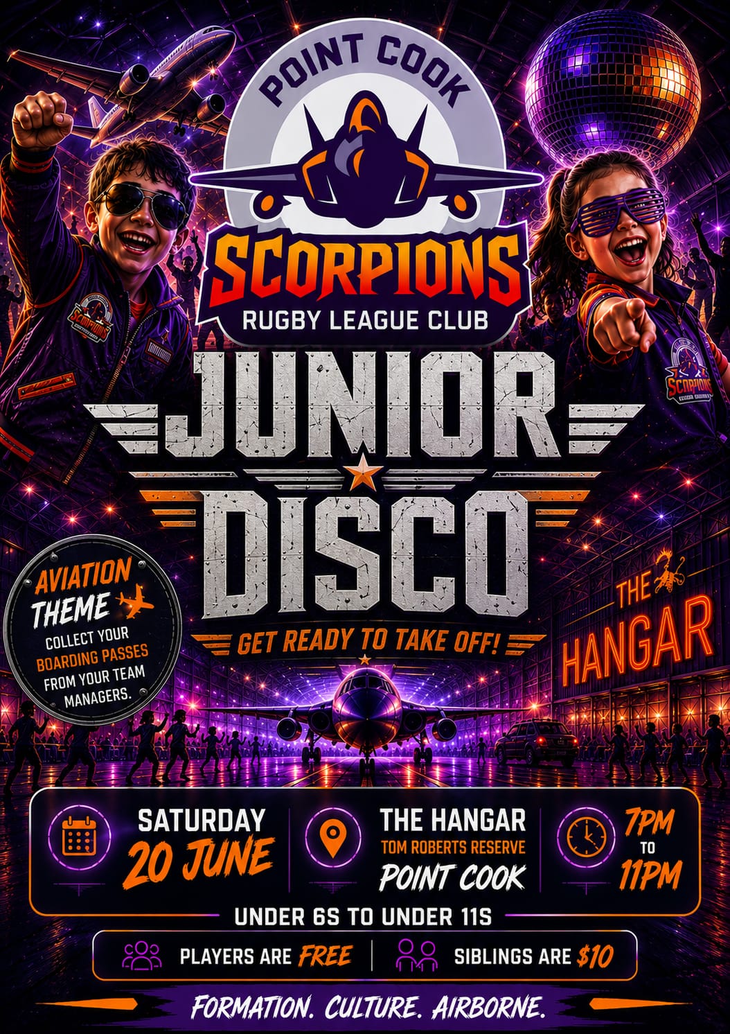 Point Cook Scorpions Junior Disco - Saturday 20 June at The Hangar 7PM to 11PM