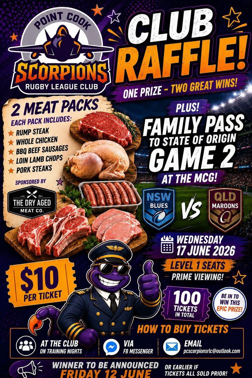 Point Cook Scorpions Club Raffle - Win meat packs and State of Origin Game 2 family pass