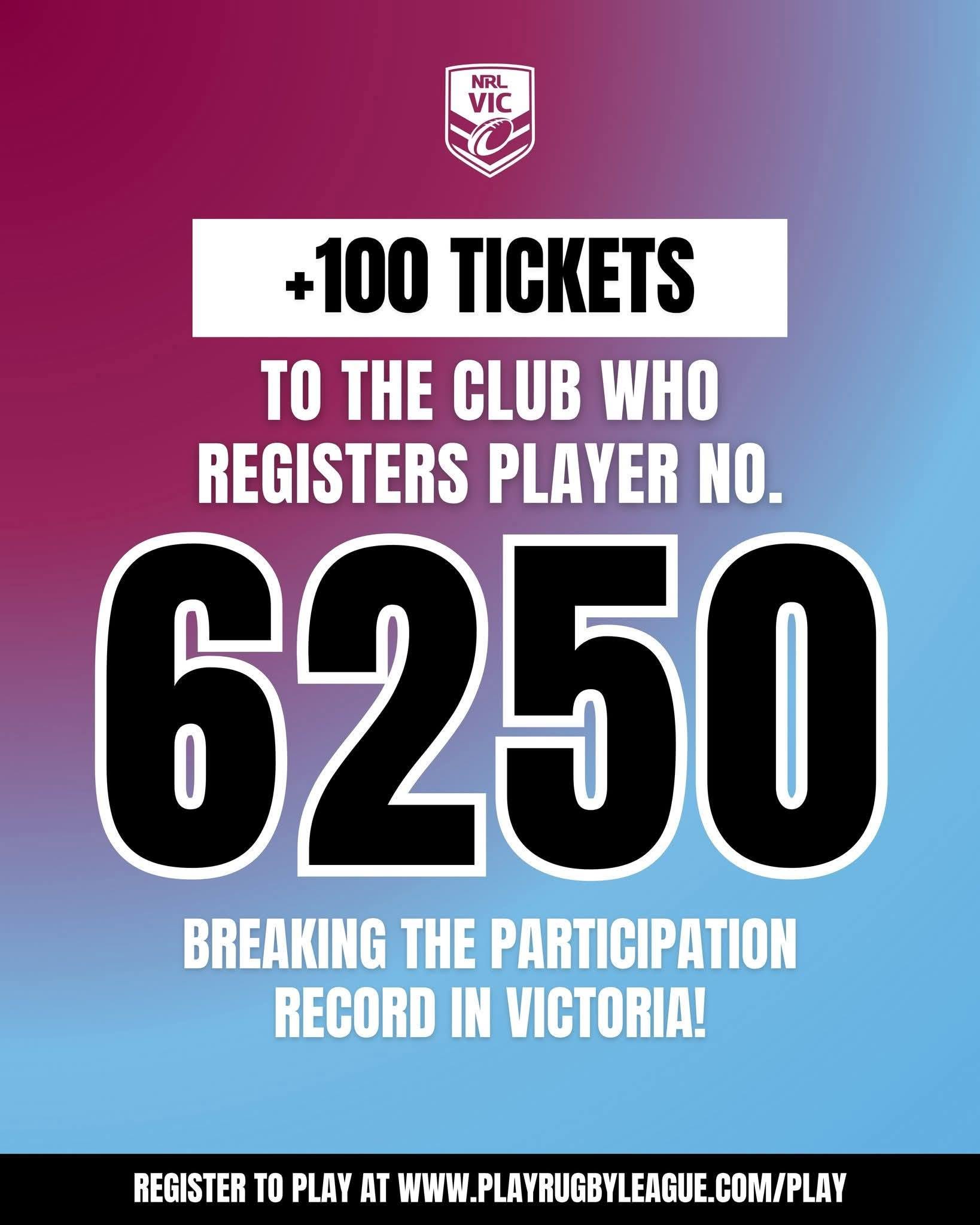 +100 tickets to the club who registers player no. 6250 - breaking the participation record in Victoria