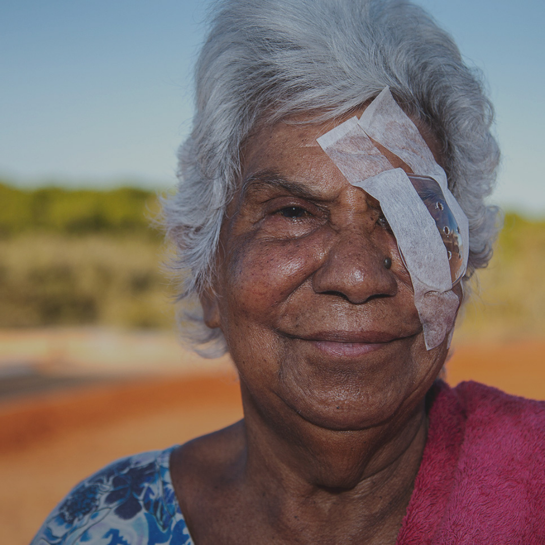An Aboriginal elder with eye patch after treatment