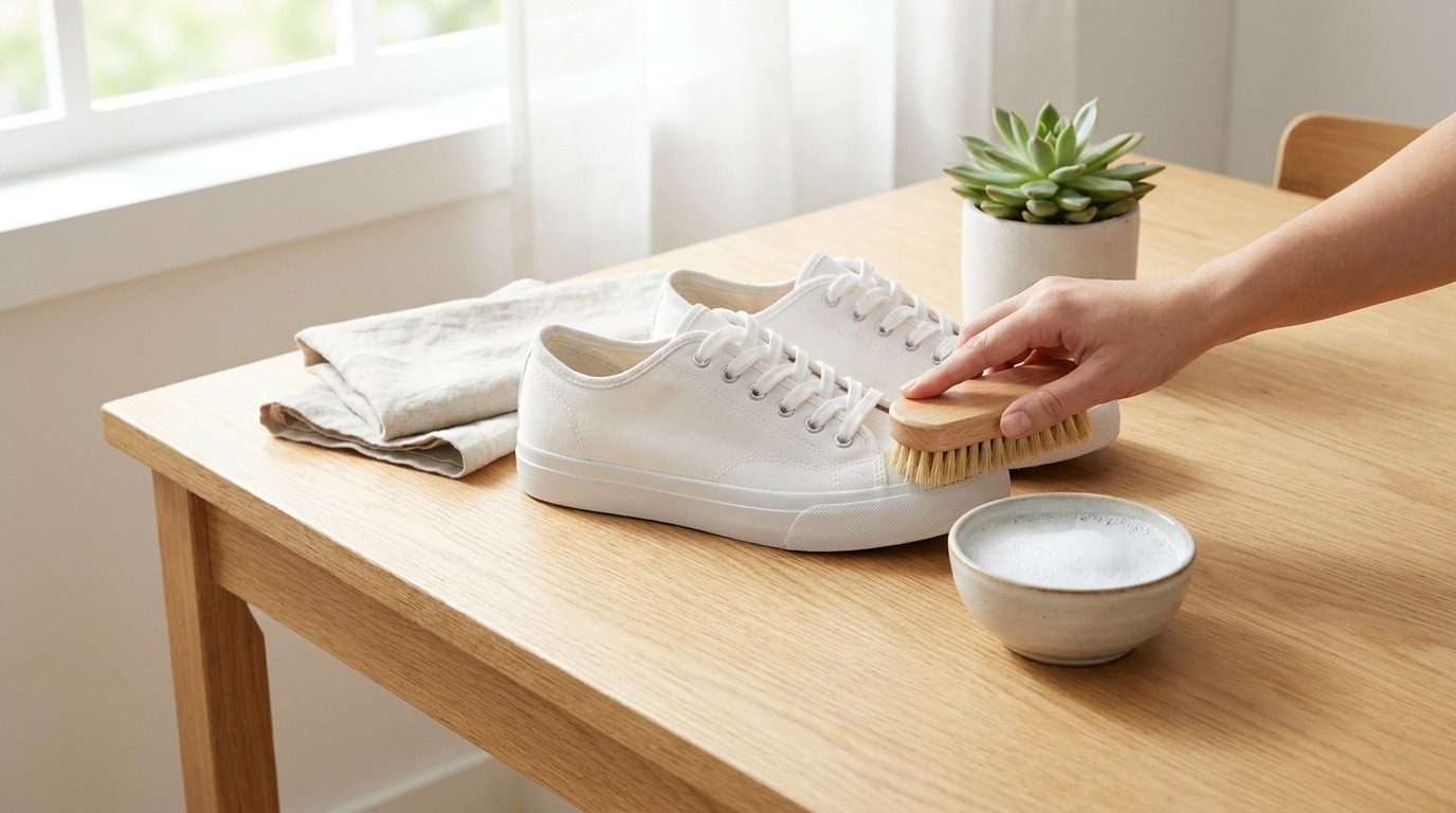 Pair of white sneakers being gently cleaned with a soft brush and bowl of soapy water on a light wooden table
