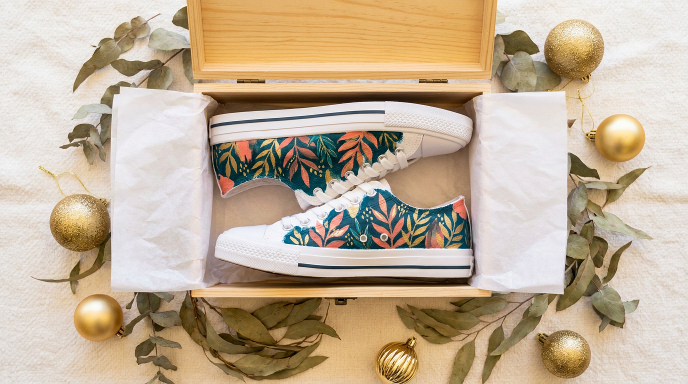 Vibrant hand-painted custom sneakers displayed as a Christmas gift - Mad Alice Custom Kicks Hunter Valley NSW