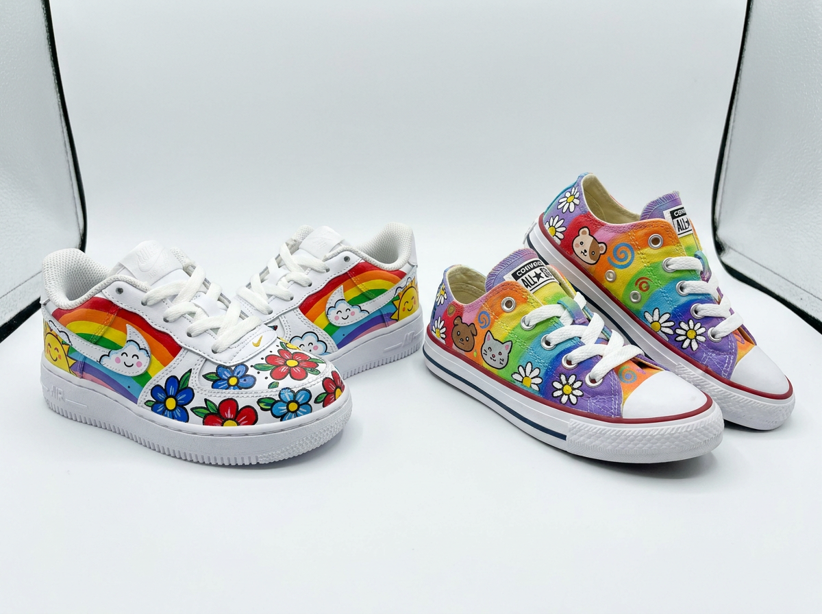 Colourful custom hand-painted kids' sneakers featuring rainbow designs and character artwork on Nike and Converse shoes — Mad Alice Custom Kicks, Australia.