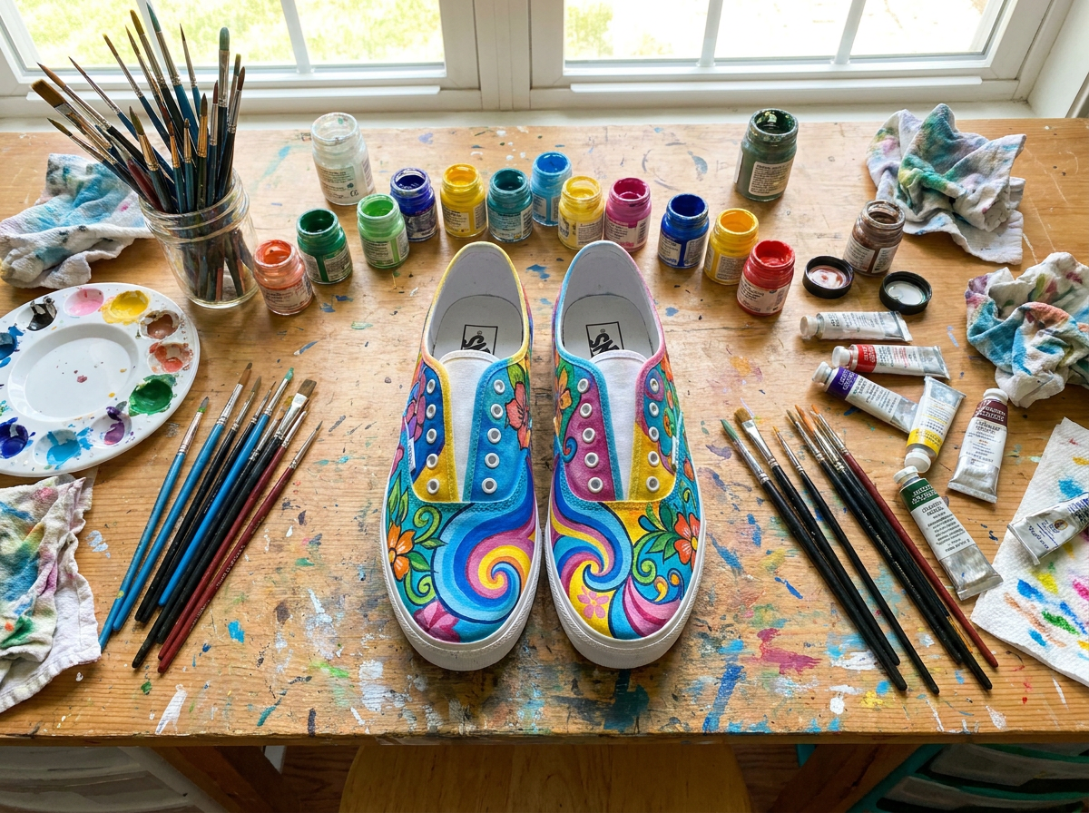 Colourful custom painted sneakers resting on an artist workbench surrounded by paintbrushes and Angelus paint pots at Mad Alice Custom Kicks studio in Hunter Valley NSW