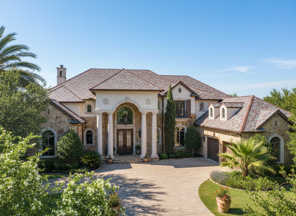 Mediterranean estate in DFW with premium slate-look designer shingles by Strong Bond Roofing