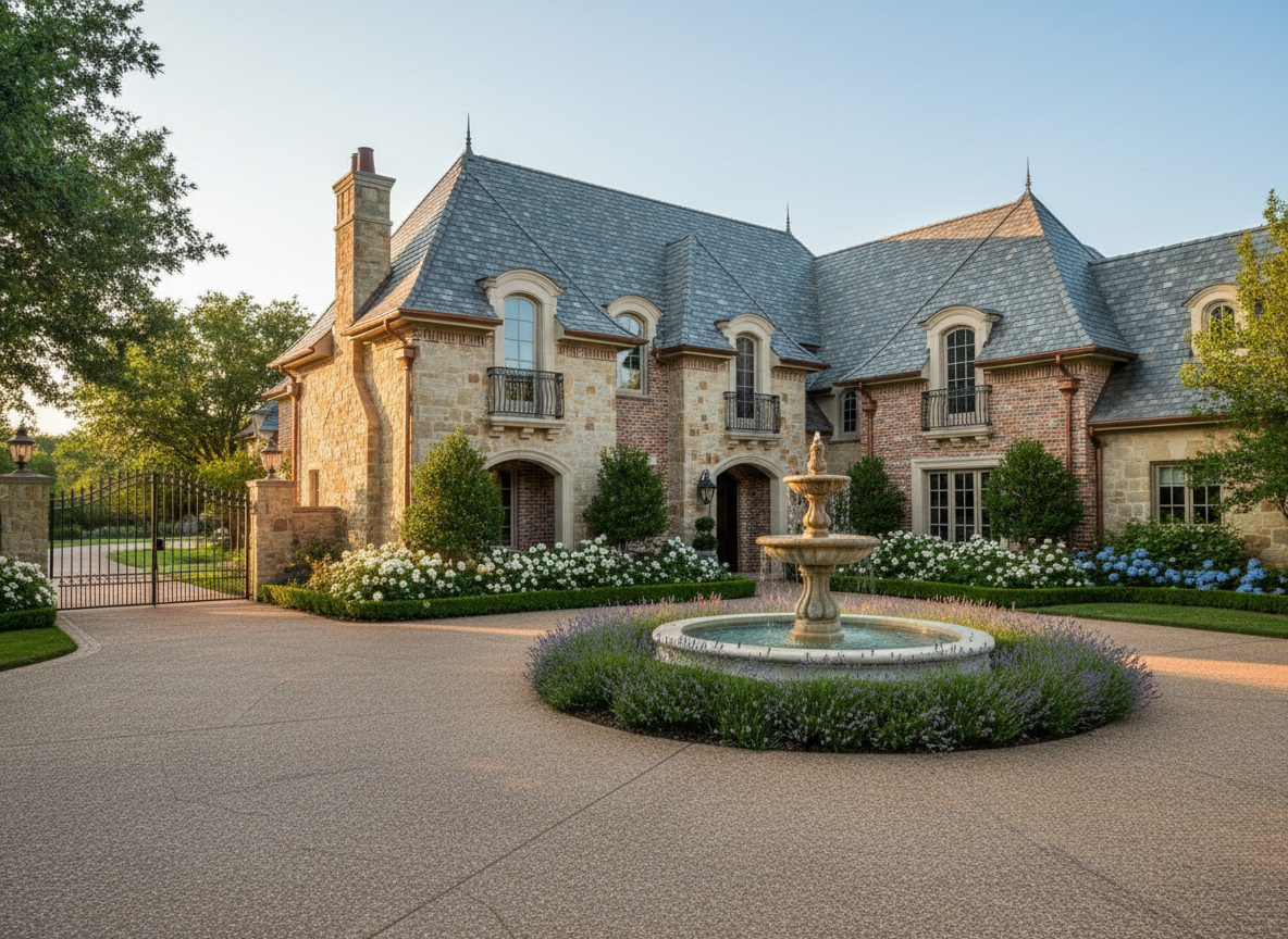 French country mansion with premium weathered gray designer shingles — luxury roofing DFW