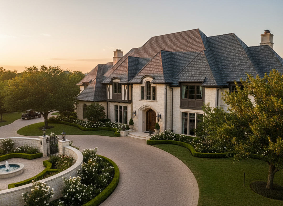 Luxury Dallas mansion with premium designer architectural shingles installed by Strong Bond Roofing