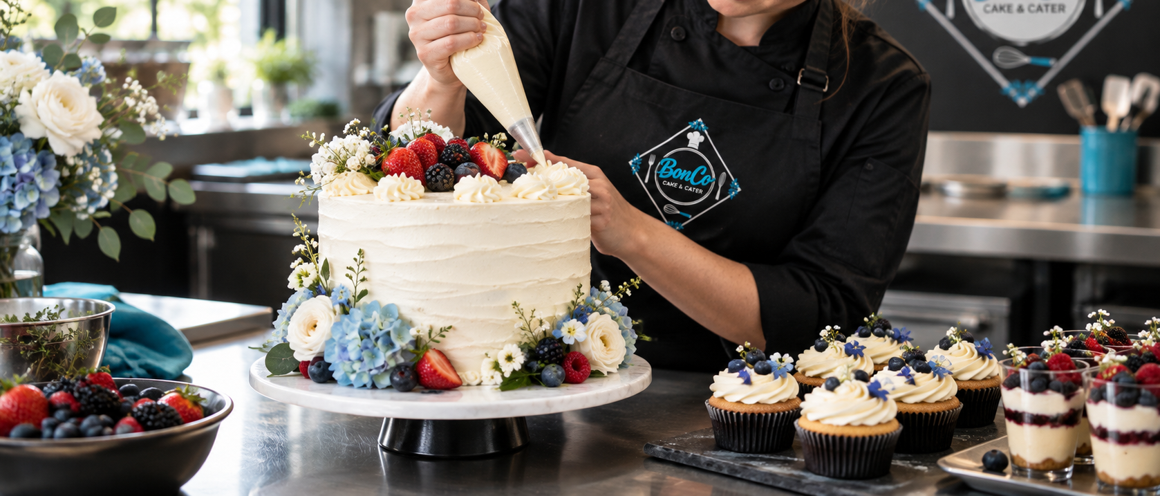 BonCo chef piping a white wedding cake decorated with flowers, berries, and cupcakes