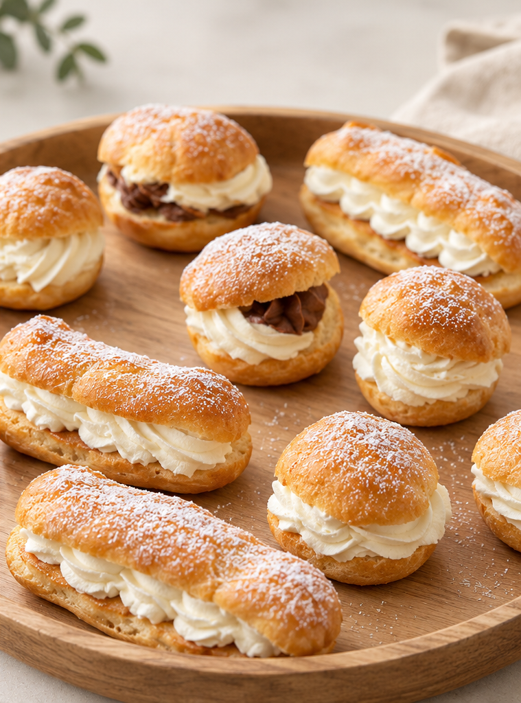 Éclairs and cream puffs dusted with icing sugar on wooden platter