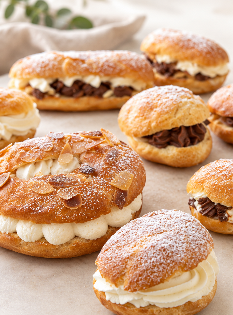 Cream-filled pastries with toasted almonds and chocolate