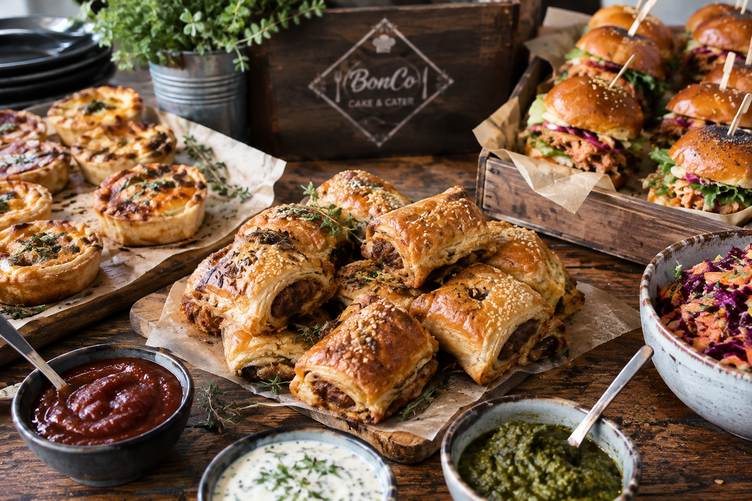 BonCo branded spread with sausage rolls, quiches, sliders and slaw