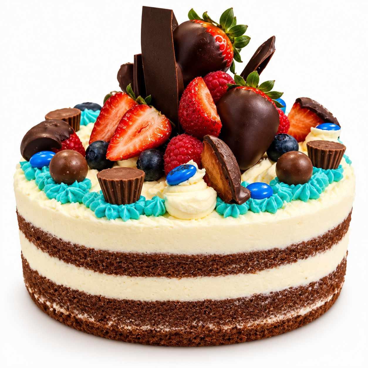 Naked layer cake with chocolate, berries and peanut butter cups