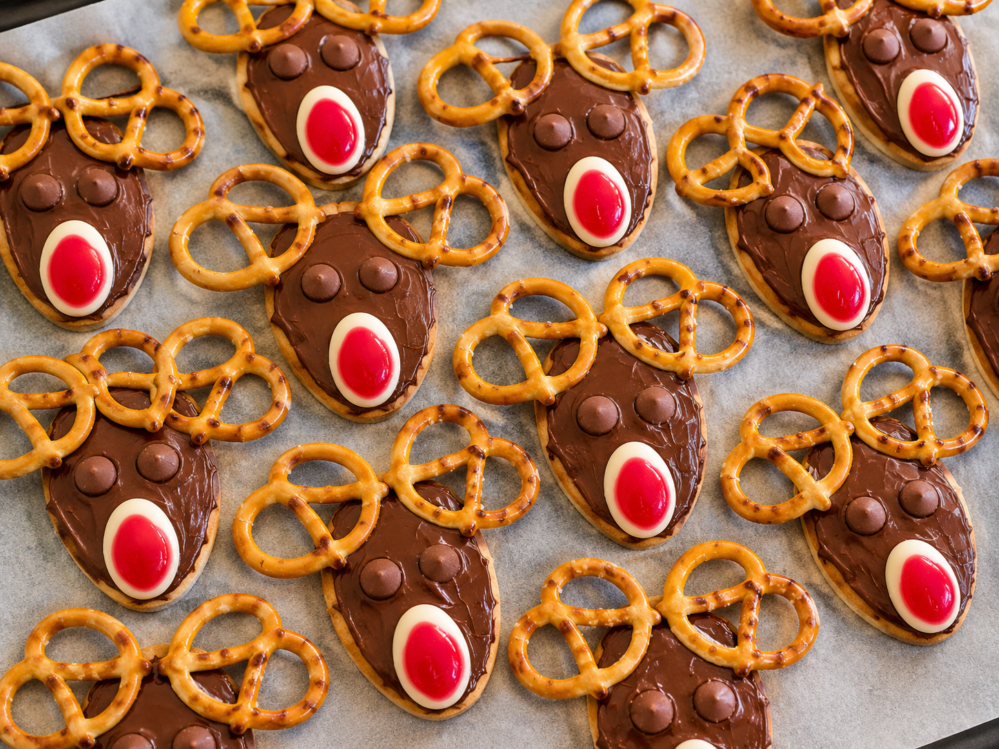 Chocolate reindeer cookies with pretzel antlers on baking tray