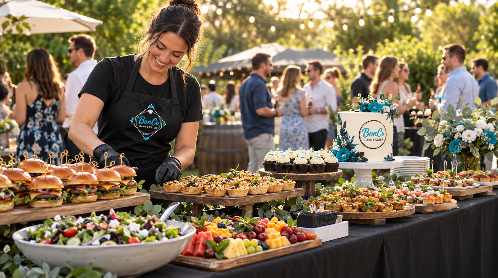 BonCo Cake & Cater outdoor catering event with branded apron, sliders, tarts, and cupcakes